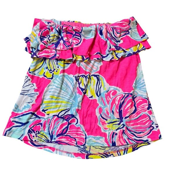 Lilly Pulitzer Strapless Floral Ruffle Rilo Tube Top Pink Cotton Blend - Picture 2 of 7